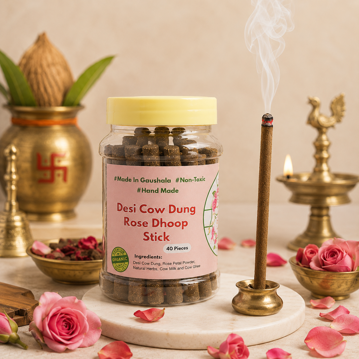 Desi Cow Dung Rose Dhoop Sticks